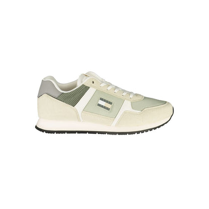 Tommy Hilfiger Green Polyester Men Sneaker with logo and contrasting details, side view showing comfort and style.