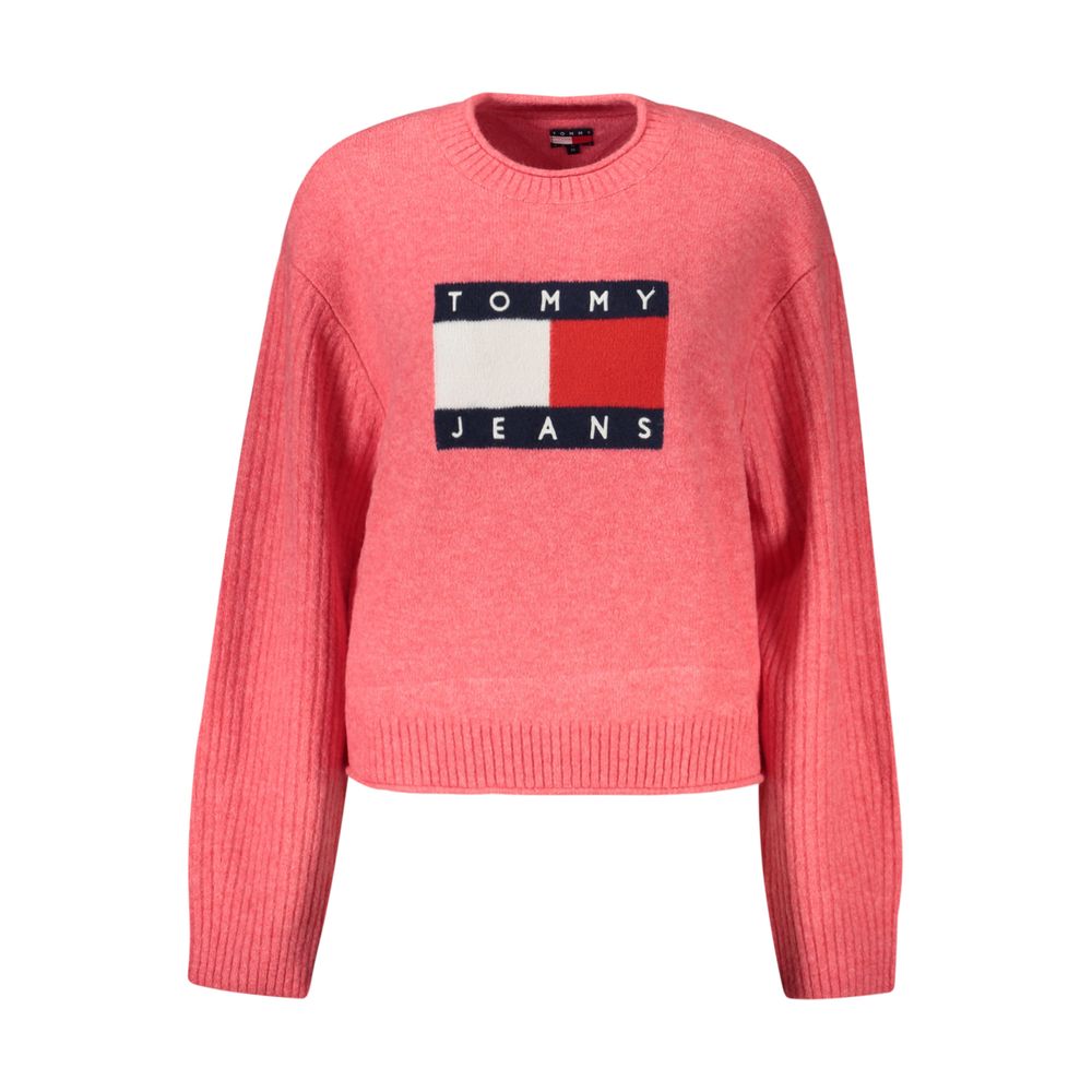 Tommy Hilfiger Pink Wool Women Sweater with logo, long-sleeved crew neck, adding style and warmth to your wardrobe.
