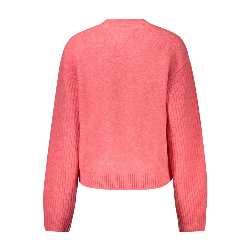 Tommy Hilfiger Pink Wool Women Sweater with long sleeves and crew neck, featuring iconic embroidery and marabou detail for winter fashion.