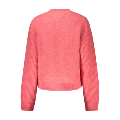 Tommy Hilfiger Pink Wool Women Sweater with long sleeves and crew neck, featuring iconic embroidery and marabou detail for winter fashion.