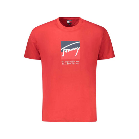 Tommy Hilfiger Red Cotton Men T-Shirt featuring embroidered logo, short sleeves, and crew neck design for stylish and eco-friendly wear.
