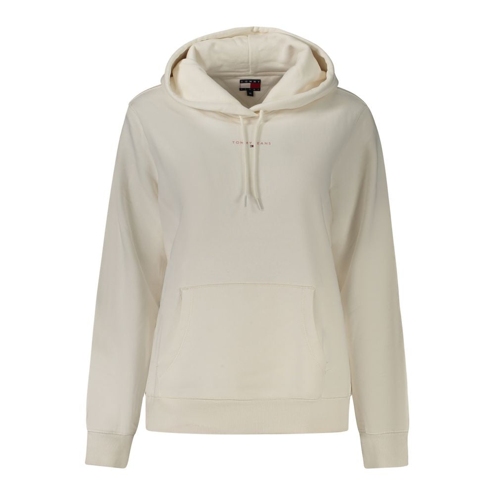Tommy Hilfiger White Cotton Women Sweater with hood and logo, features central pocket, ideal for casual wear and sustainable fashion.