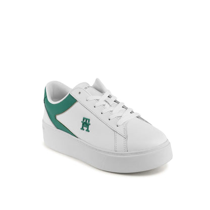 Tommy Hilfiger White Leather Low Top Sneakers for women, featuring green accents and brand logo, made in Vietnam.
