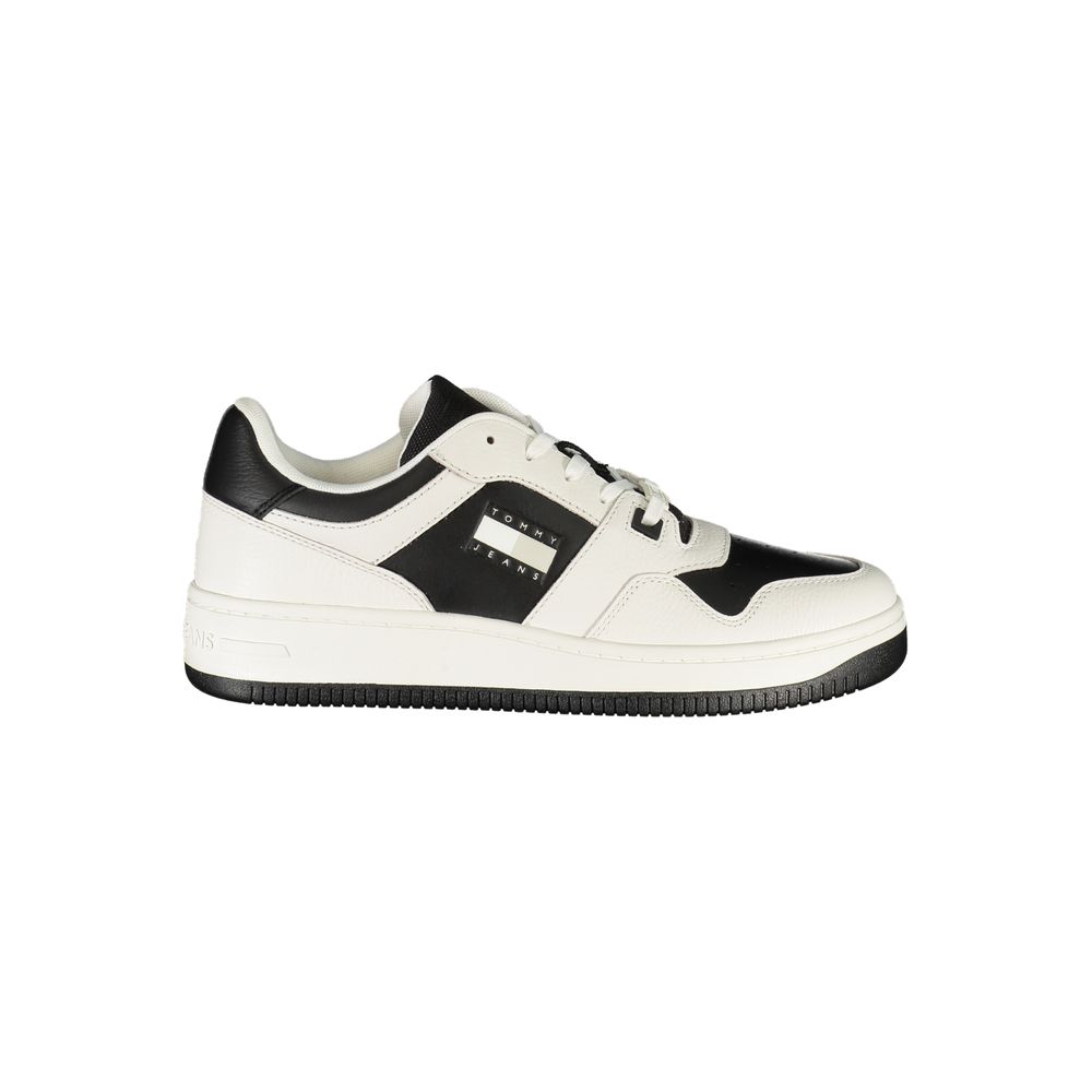 Tommy Hilfiger White Leather Mens Sneaker with black details, featuring a lace-up design and logo, perfect for style and comfort.