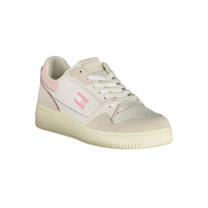 Tommy Hilfiger White Leather Women Sneaker with pink accents and removable footbed, showcasing trendy design and comfort.