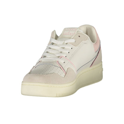 Tommy Hilfiger White Leather Women Sneaker with pink accents, trendy design, comfortable footbed, fashion-forward sports shoes.