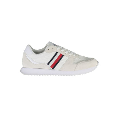Tommy Hilfiger White Polyester Men Sneaker with recycled polyester and leather accents, eco-friendly design with iconic logo.