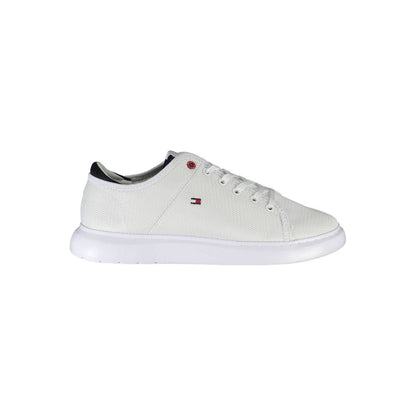 Tommy Hilfiger White Polyester Sneaker with contrasting sole and logo, made of 95% recycled polyester, sports shoe with laces.