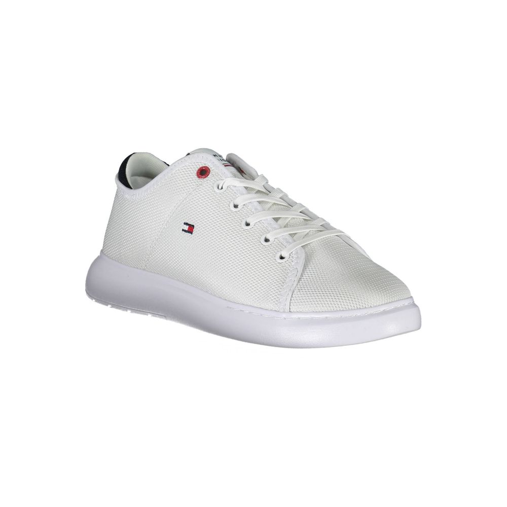 Tommy Hilfiger White Polyester Sneaker with laces, contrasting details, and logo on contrasting sole made of 95% recycled material.