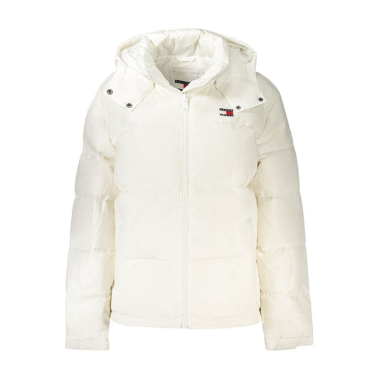 Tommy Hilfiger White Polyester Women Jacket with removable hood, zip fastening, and brand logo detailing.