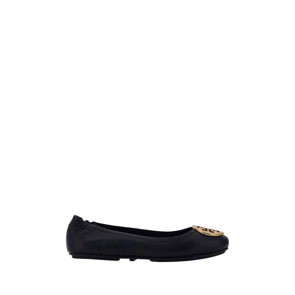 Tory Burch Black Lamb Ovis Aries Aries Ballet Flats with embossed monogram plaque, slip-on design, and round toe for stylish comfort.