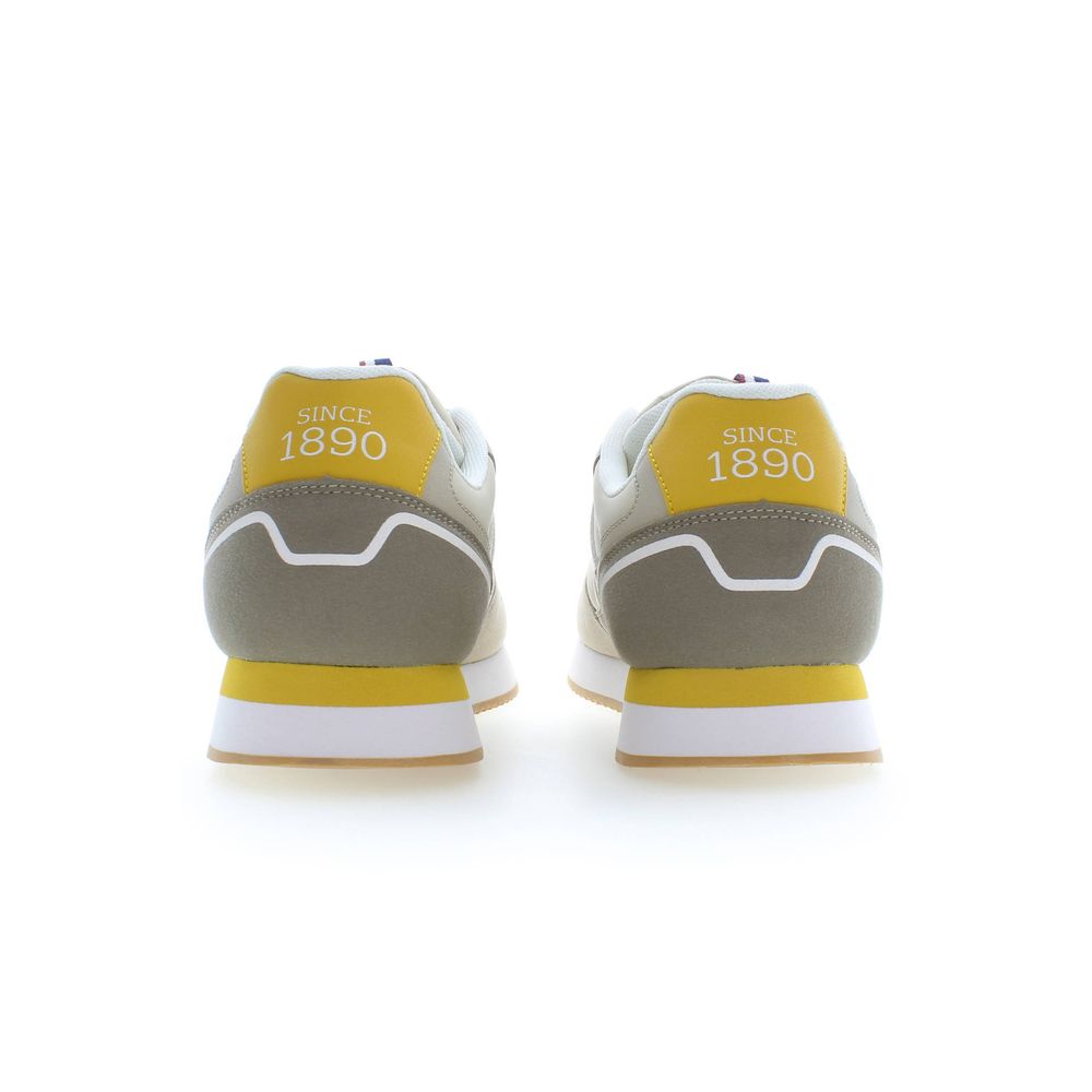 Rear view of U.S. POLO ASSN. Beige Polyester Men Sneaker with yellow detailing, showing 'Since 1890' on heel