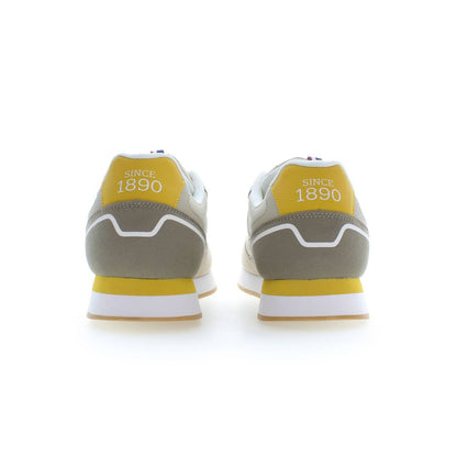 Rear view of U.S. POLO ASSN. Beige Polyester Men Sneaker with yellow detailing, showing 'Since 1890' on heel