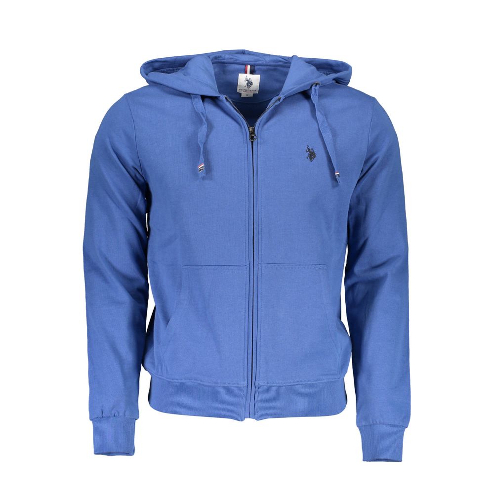 U.S. POLO ASSN. Blue Cotton Men Sweater with hood and zip-up, featuring signature embroidery and two pockets, perfect for a stylish look