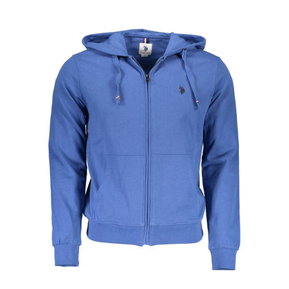 U.S. POLO ASSN. Blue Cotton Men Sweater with hood and zip-up, featuring signature embroidery and two pockets, perfect for a stylish look