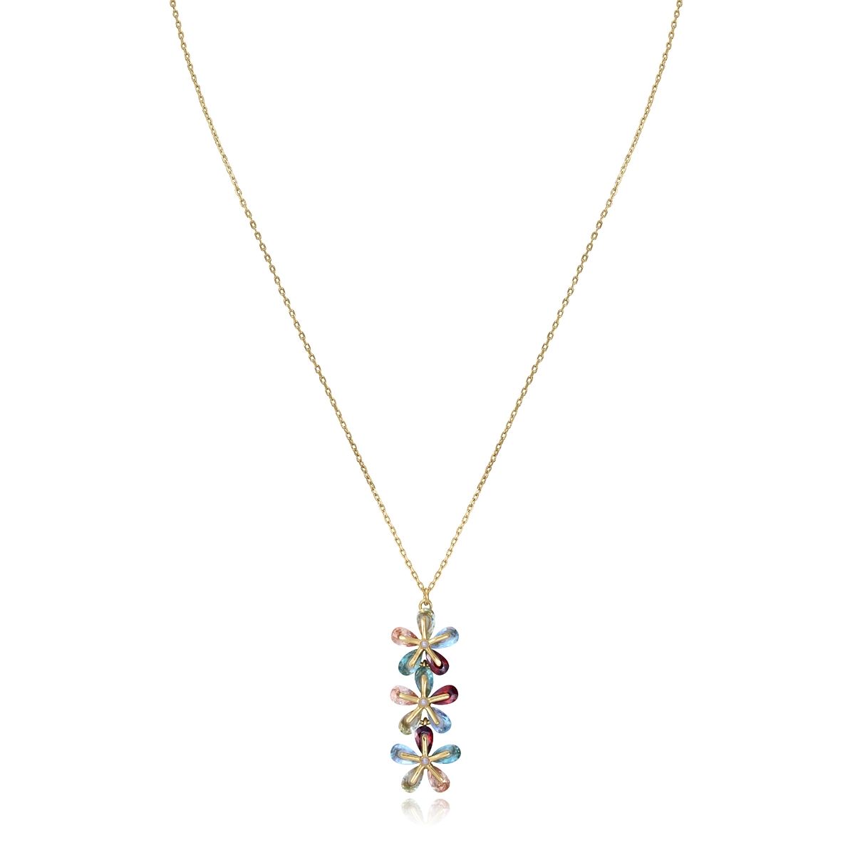 Elegant floral necklace with multicolored gemstones on a gold chain, perfect for adding a touch of color and sophistication to any outfit.