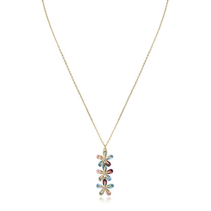 Elegant floral necklace with multicolored gemstones on a gold chain, perfect for adding a touch of color and sophistication to any outfit.
