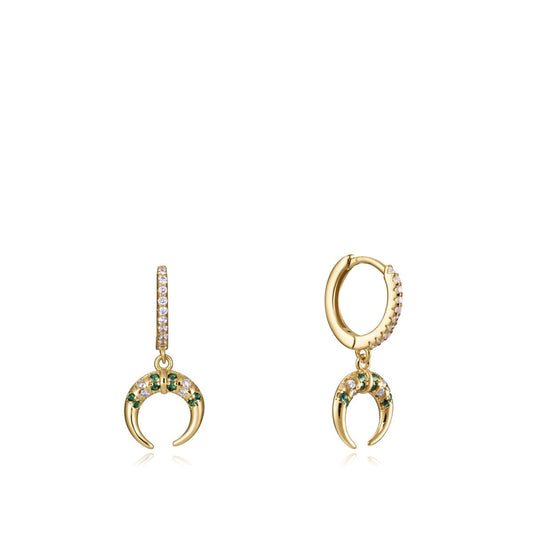 Gold and gemstone drop earrings with crescent design on white background