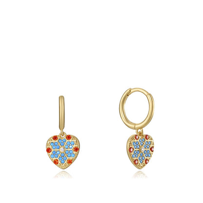 Colorful heart-shaped earrings with mosaic design in blue, red, and gold tones.