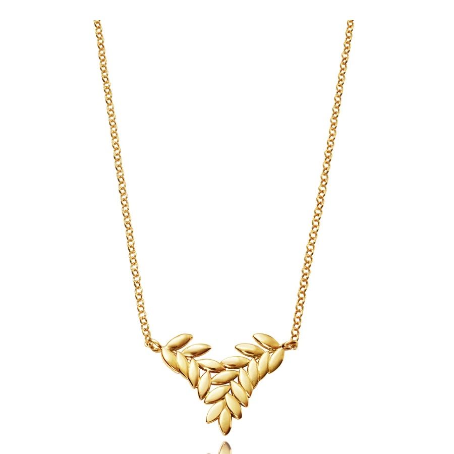 Gold leaf necklace with elegant chain design on white background