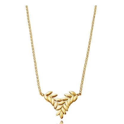 Gold leaf necklace with elegant chain design on white background