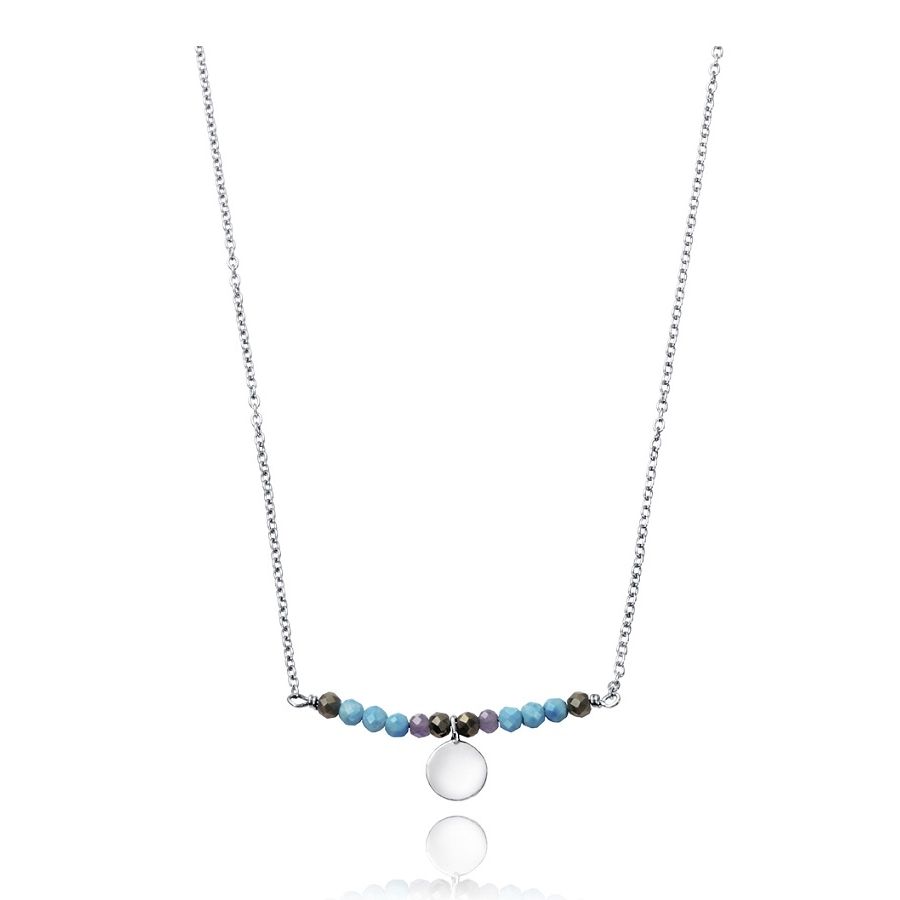 Elegant necklace with turquoise and purple beads, featuring a silver pendant, displayed on a white background.