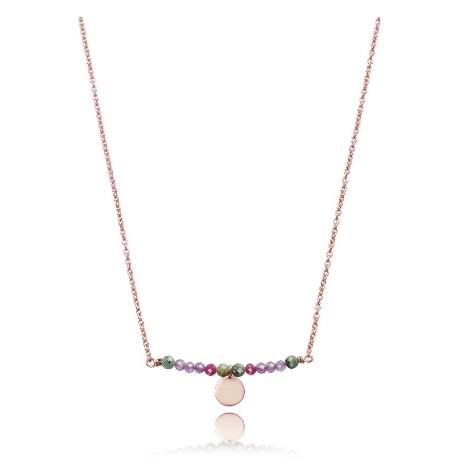 Elegant multicolor beaded necklace with gold accents and central disk pendant on a delicate chain.