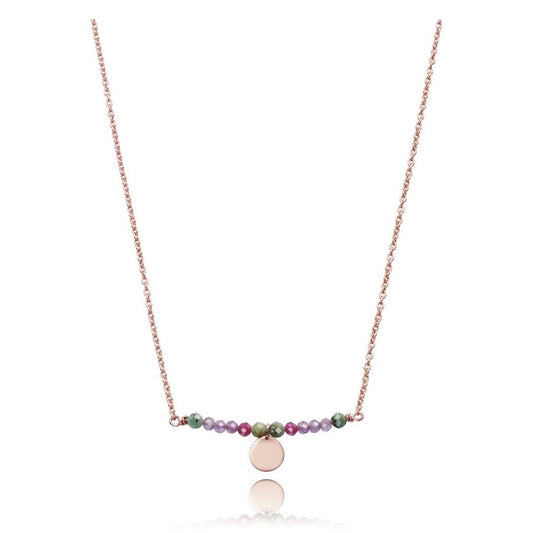 Elegant multicolor beaded necklace with gold accents and central disk pendant on a delicate chain.