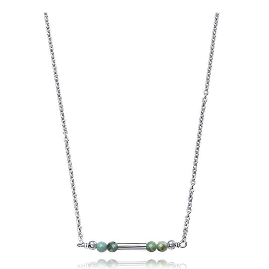Elegant silver necklace with turquoise beads and minimalist design on a white background.