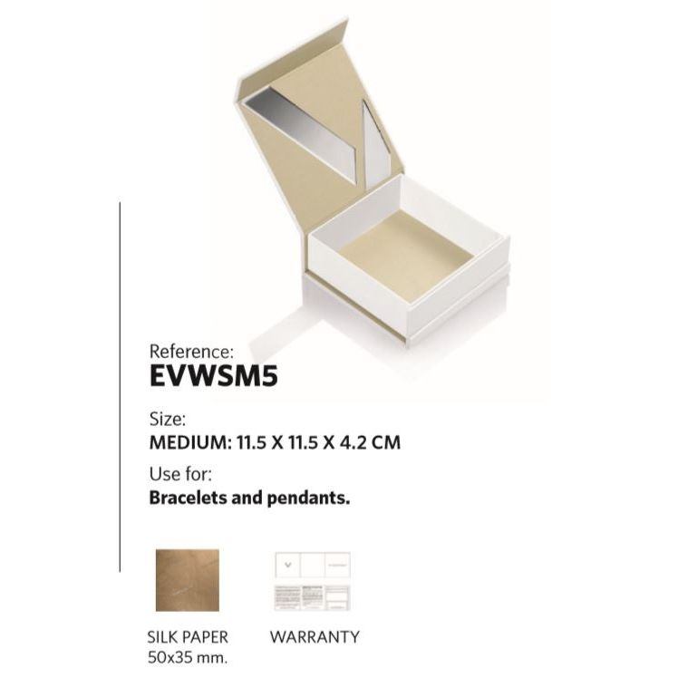 Medium gift box EVWSM5 for bracelets and pendants, dimensions 11.5 x 11.5 x 4.2 cm, with silk paper and warranty information.