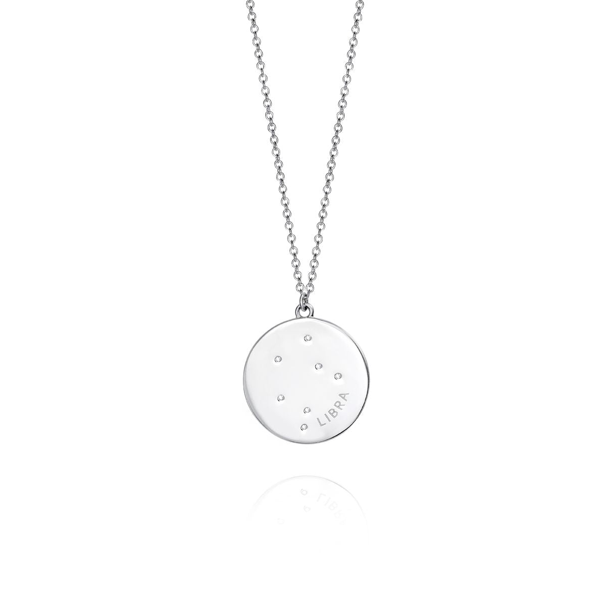 Silver Libra constellation necklace with round pendant and delicate chain, showcasing zodiac design in a minimalist style.