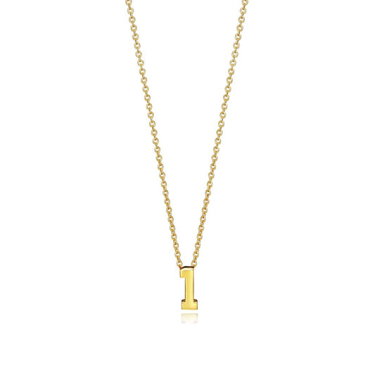 Gold letter 'I' pendant necklace with chain on white background.