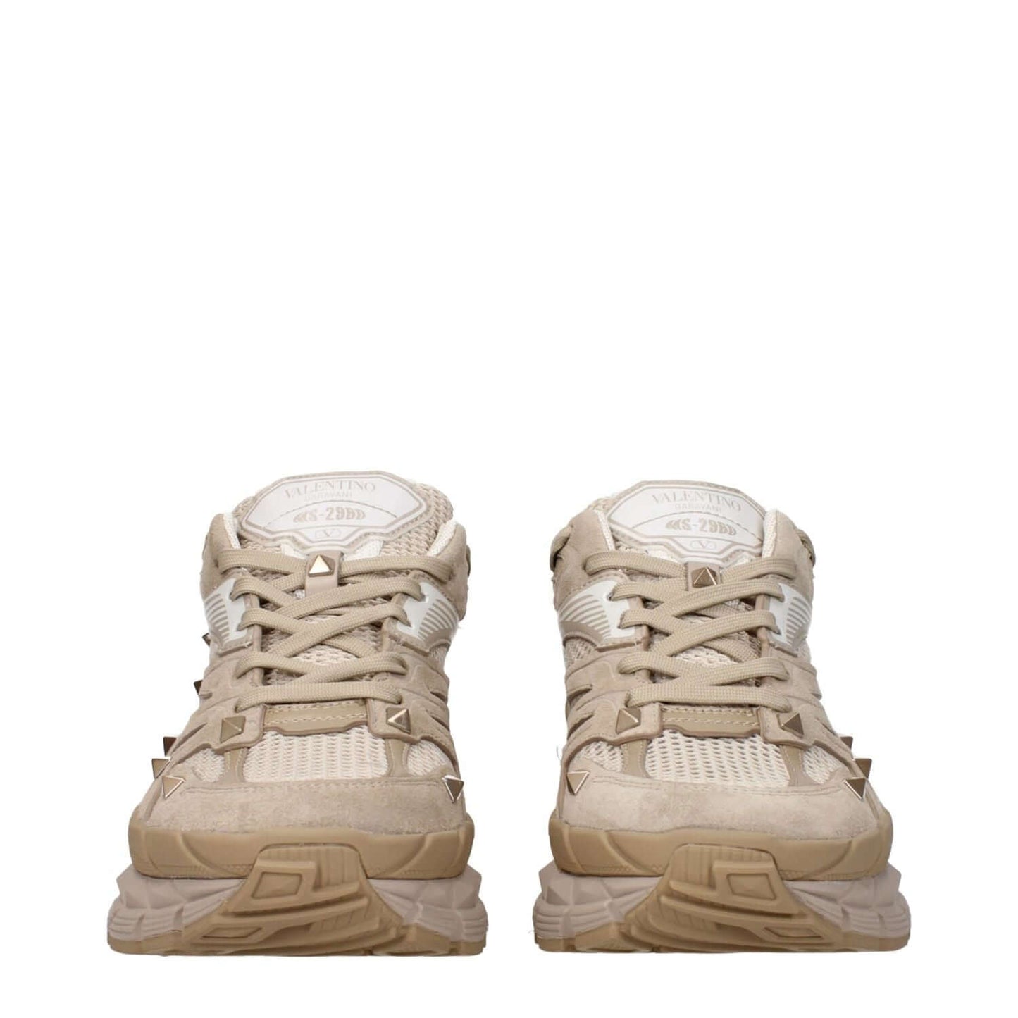 Valentino Garavani Beige Fabric Low Top Sneakers with studs, lace-up closure, and rubber sole. Front and back logos, mid heels, round toe.