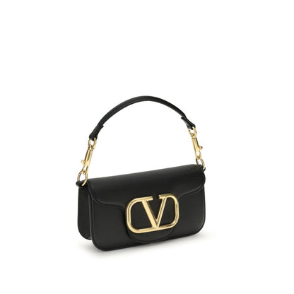 Valentino Garavani Black Calf Leather Bos Taurus Shoulder Bag with VLogo and removable handle.