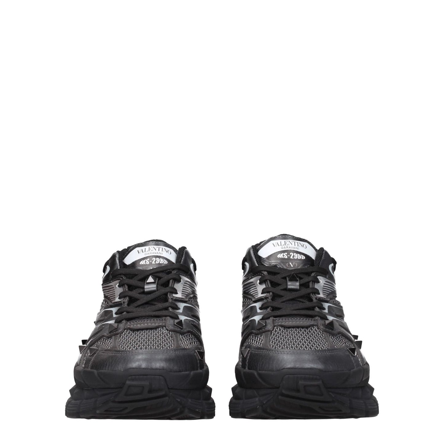 Valentino Garavani Black Fabric Athletic Sneakers, leather lace-up with studs, logos front and back, round toe, mid-heel rubber sole.