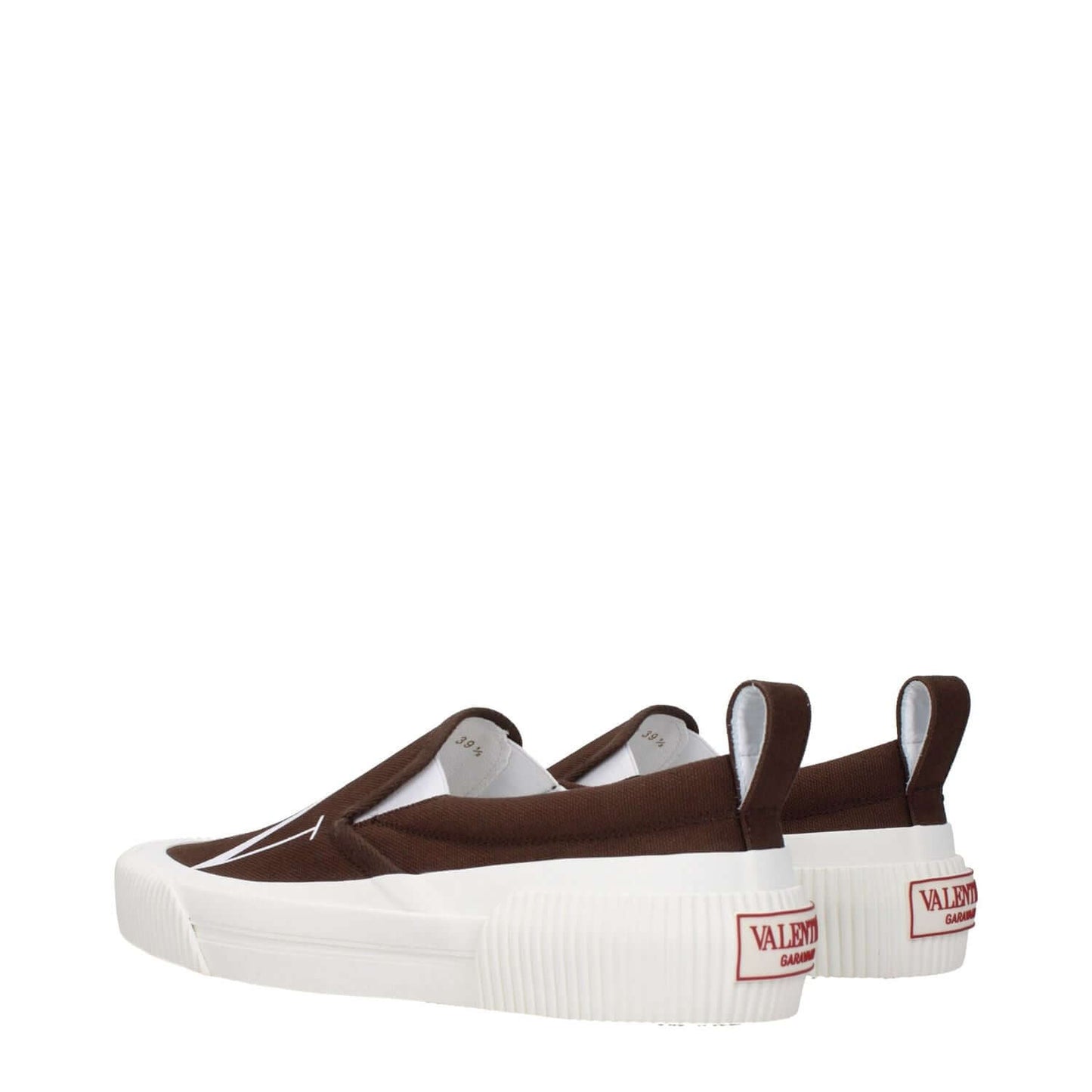 Valentino Garavani Brown Fabric Slip-On Loafers with rubber sole, front and back logos, casual style with round toe.