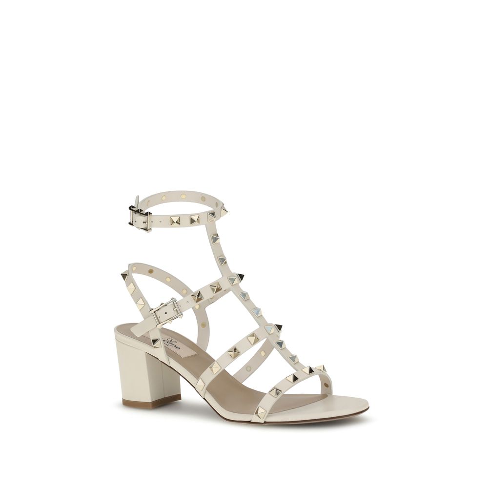 Valentino Garavani Cream Calf Leather Bos Taurus Sandals with Rockstud design on chunky heel