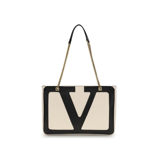 Valentino Garavani Cream Calf Leather Bos Taurus Shoulder Bag with VLogo, chain handle, and back pocket for elegant wear.
