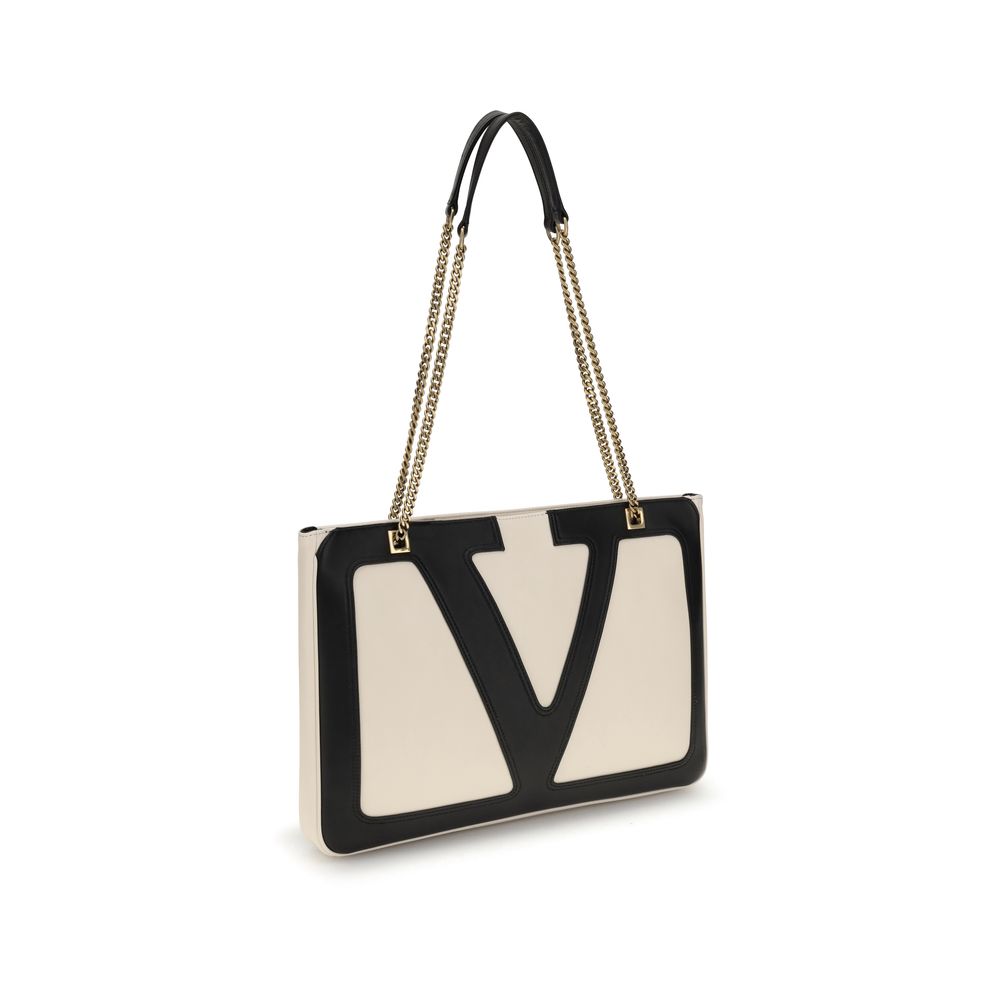 Valentino Garavani Cream Calf Leather Bos Taurus Shoulder Bag with VLogo and double chain handle