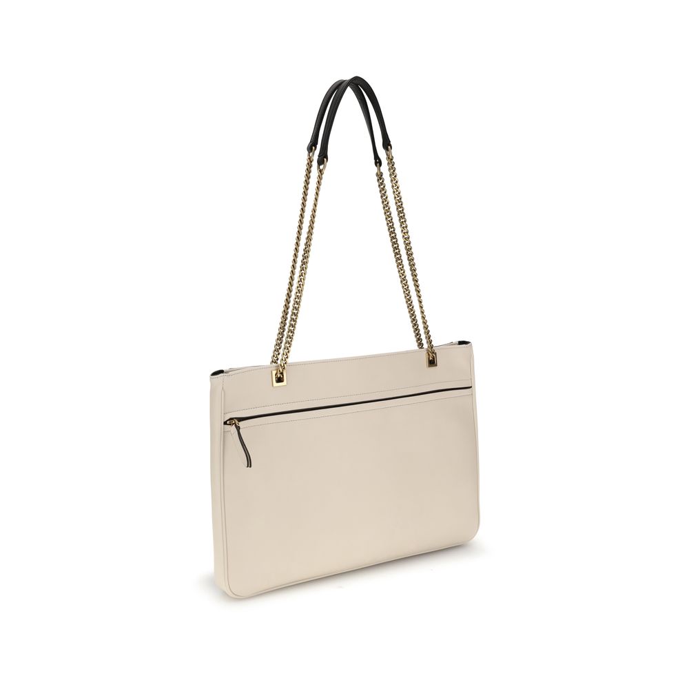 Back view of Valentino Garavani Cream Calf Leather Bos Taurus Shoulder Bag with chain handle and zipper pocket.