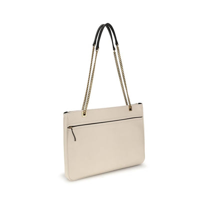 Back view of Valentino Garavani Cream Calf Leather Bos Taurus Shoulder Bag with chain handle and zipper pocket.