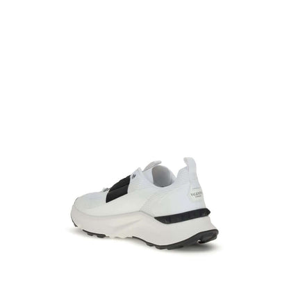 Valentino Garavani White Calf Leather Bos Taurus Athletic Sneakers with studded custom rubber sole, view of heel and side logo.