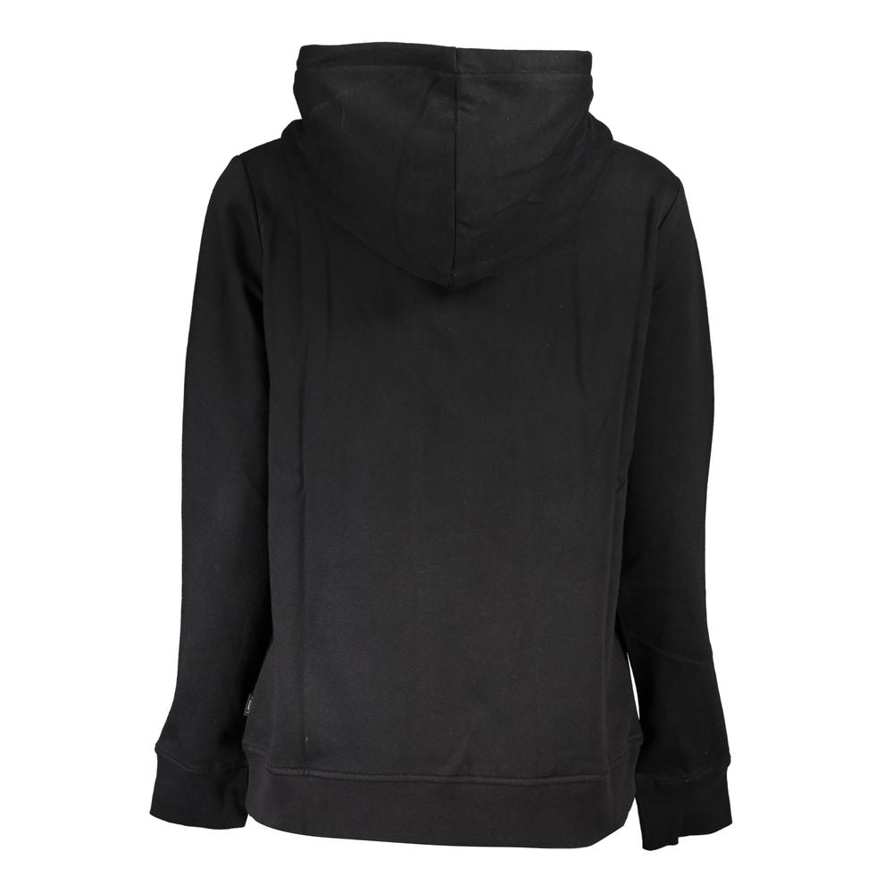 Back view of Vans Black Cotton Women Sweater with hood and fleece lining, showcasing street style and comfort.