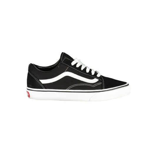 Vans Black Leather Women Sneaker in black with white accents and durable sole, offering a stylish and comfortable fit for everyday wear.