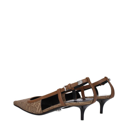 Versace Beige Fabric Mid Heel Pumps with buckle closure, pointy toe, and leather sole, featuring a stylish design and brown accents.