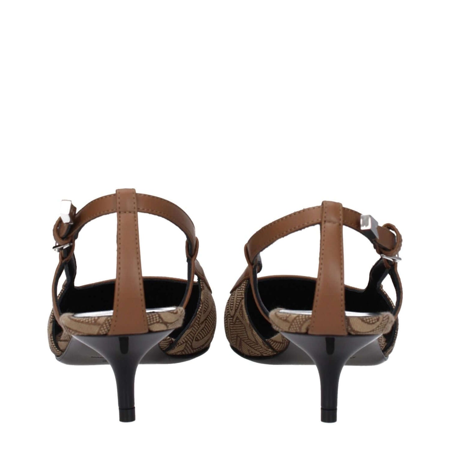 Back view of Versace Beige Fabric Mid Heel Pumps with pointy toe, buckle closure, and leather sole.