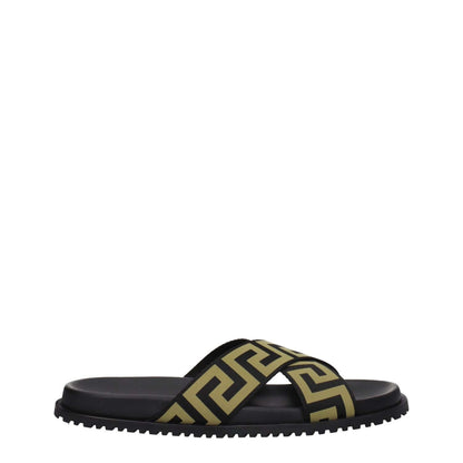 Versace Black Fabric Slippers with gold accents, open toe, low flat heel, and rubber sole, in a casual style. Product code: F76789.