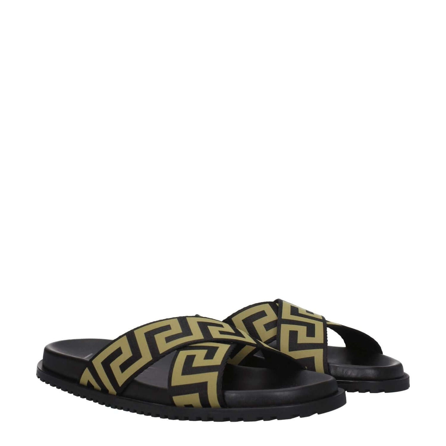 Versace Black Fabric Slippers with gold pattern, open toe, rubber sole, and low flat heel, style: casual, MPN: 10083181A059582B150.