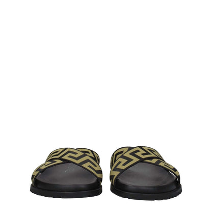 Versace Black Fabric Slippers with open toe design and gold accents on a low, flat rubber sole.