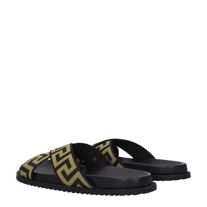 Alt Tag: Versace Black Fabric Slippers with open toe, low flat heel, rubber sole, showcasing a gold pattern from the casual collection.